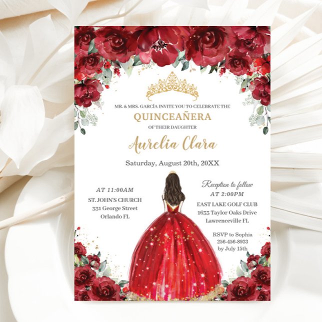 Chic Quinceañera Red Floral Roses Princess Tiara Invitation (Creator Uploaded)