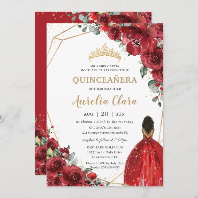Chic Quinceañera Red Flowers Floral Brown Princess Invitation (Front/Back)