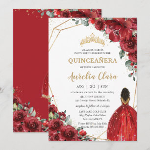 Chic Quinceañera Red Flowers Floral Brown Princess Invitation