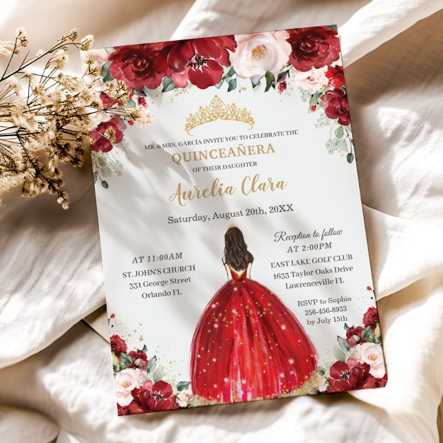 Chic Quinceañera Red Pink Floral Princess Dress Invitation (Creator Uploaded)