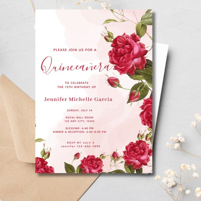 Chic Quinceañera Red Roses Floral Princess Invitation (Creator Uploaded)