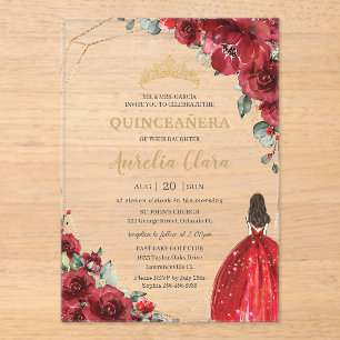 Chic Quinceañera Red Roses Flowers Floral Princess Acrylic Invitations