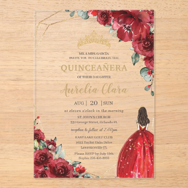 Chic Quinceañera Red Roses Flowers Floral Princess Acrylic Invitations (Front)