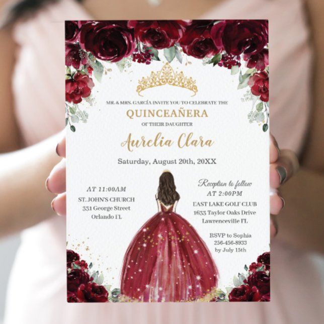 Chic Quinceañera Rich Burgundy Red Floral Princess Invitation (Creator Uploaded)