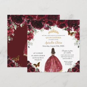 Chic Quinceañera Rich Burgundy Red Floral Princess Invitation