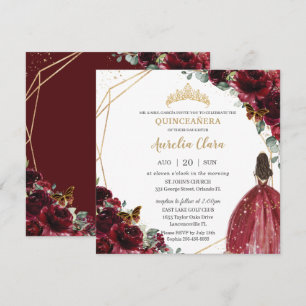 Chic Quinceañera Rich Burgundy Red Floral Tiara Invitation