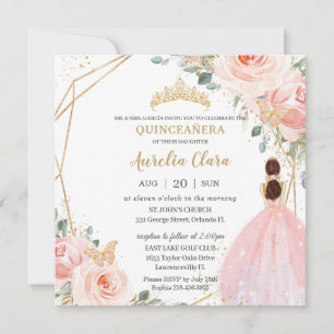 Chic Quinceañera Soft Blush Pink Floral Tiara Invitation