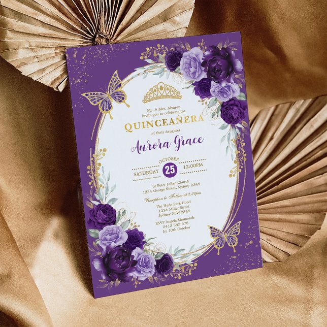 Chic Quinceañera Violet Gold Flower Butterfly Invitation (Creator Uploaded)