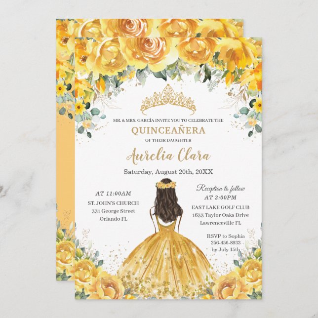 Chic Quinceañera Yellow Floral Princess Birthday Invitation (Front/Back)