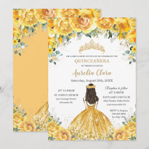 Chic Quinceañera Yellow Floral Princess Birthday Invitation