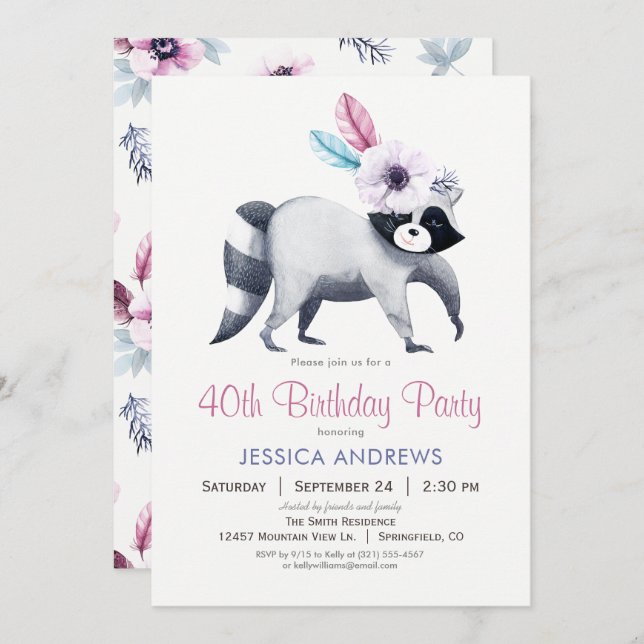 Chic Racoon Birthday Party Invitation (Front/Back)