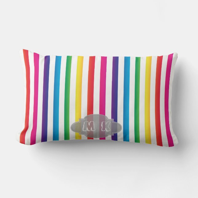 Chic Rainbow Colour Stripes Pattern Custom Monogra Lumbar Cushion (Front)