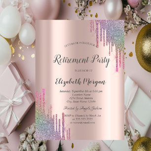 Chic Rainbow Glitter Drips Rose Gold Retirement  Invitation