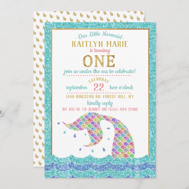 Chic Rainbow Glitter Mermaid 1st Birthday Invitation (Front/Back)