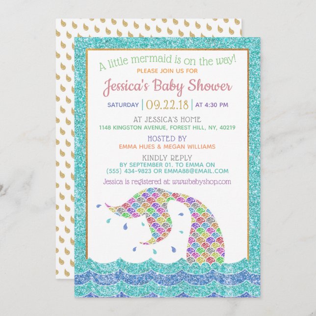 Chic Rainbow Glitter Mermaid Baby Shower Invitation (Front/Back)