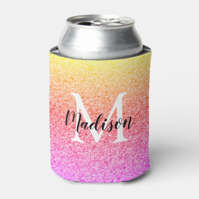 Chic Rainbow Glitter Script Monogram Personalised Can Cooler (Can Front)