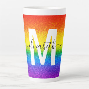 Chic Rainbow Glitter Stripe Monogram Name Latte Mug