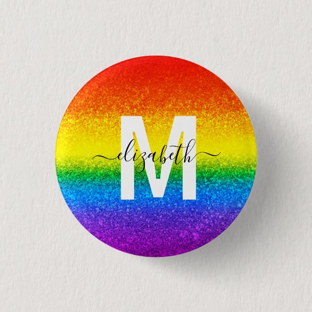 Chic Rainbow Glitter Stripes Monogram Name 3 Cm Round Badge (Front)