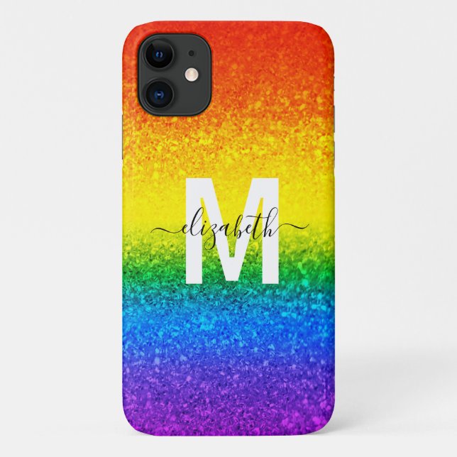 Chic Rainbow Glitter Stripes Monogram Name Case-Mate iPhone Case (Back)