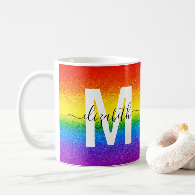 Chic Rainbow Glitter Stripes Monogram Name Coffee Mug (With Donut)