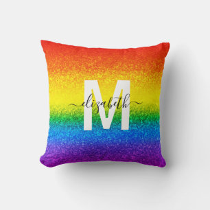 Chic Rainbow Glitter Stripes Monogram Name Cushion