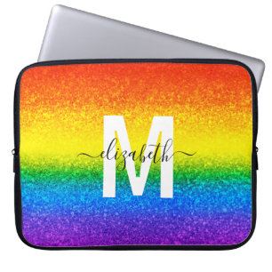 Chic Rainbow Glitter Stripes Monogram Name Laptop Sleeve