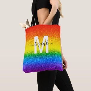 Chic Rainbow Glitter Stripes Monogram Name Tote Bag