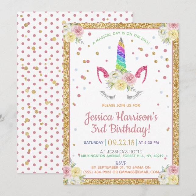 Chic Rainbow Glitter Unicorn Any Age Birthday Invitation (Front/Back)