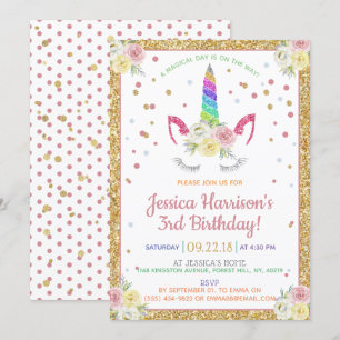 Chic Rainbow Glitter Unicorn Any Age Birthday Invitation