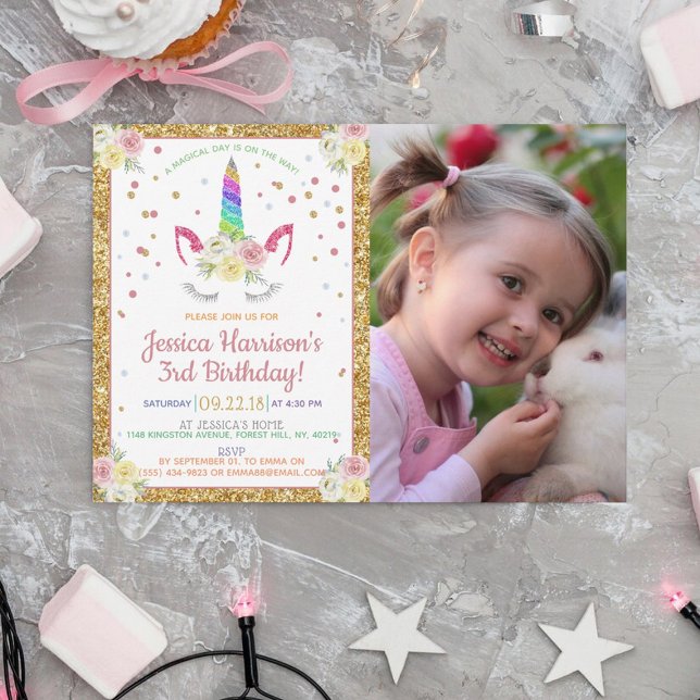 Chic Rainbow Glitter Unicorn Photo Birthday Invitation (Creator Uploaded)