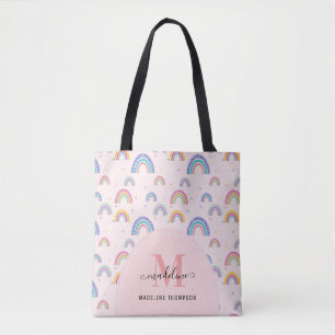 Chic Rainbow Heart Script Monogram Boho Pink Tote Bag