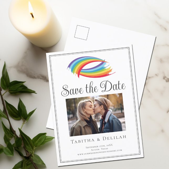 Chic Rainbow LGBT Couple Photo Save the Date Announcement Postcard (Creator Uploaded)