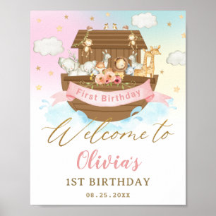 Chic Rainbow Noah's Ark Girl 1st Birthday Welcome Poster
