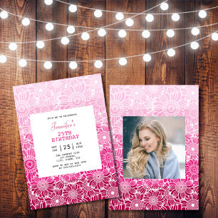 Chic Rainbow Pink Stripes Floral Photo Birthday  Invitation