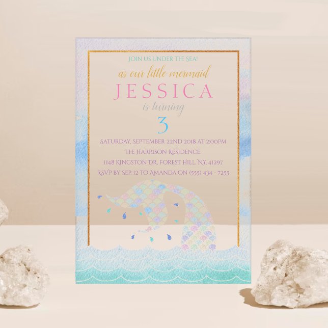 Chic Rainbow Watercolor Mermaid Any Age Birthday Acrylic Invitations (Creator Uploaded)