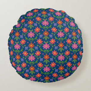 Chic Rangoli Flowers Polka Dots Blue Round Pillow