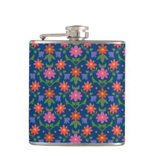 Chic Rangoli Flowers Polka Dots on Blue Hip Flask
