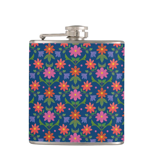 Chic Rangoli Flowers Polka Dots on Blue Hip Flask (Front)