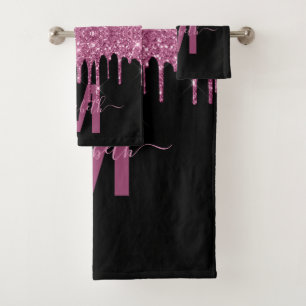 Chic Raspberry Dripping Glitter Monogram Name Bath Towel Set