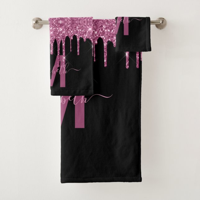 Chic Raspberry Dripping Glitter Monogram Name Bath Towel Set (Insitu)