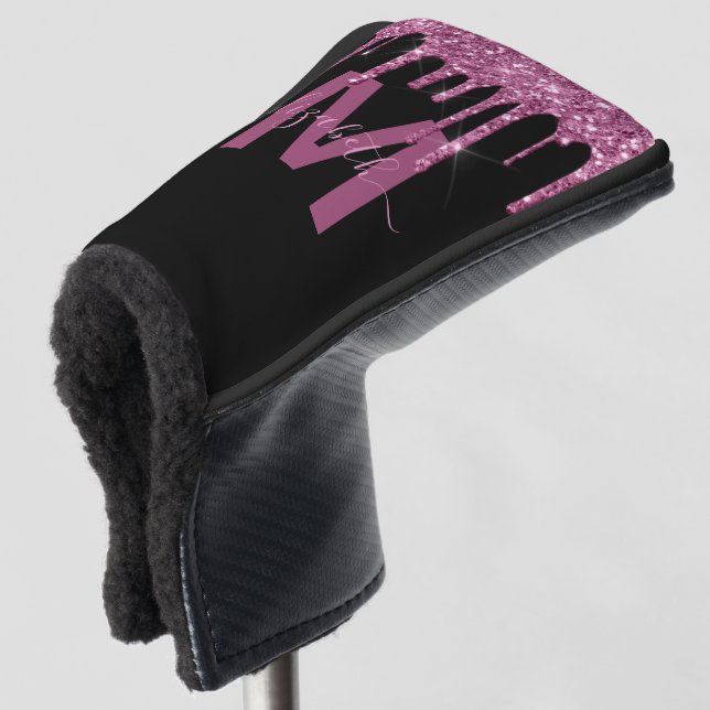 Chic Raspberry Dripping Glitter Monogram Name Golf Head Cover (3/4 Front)