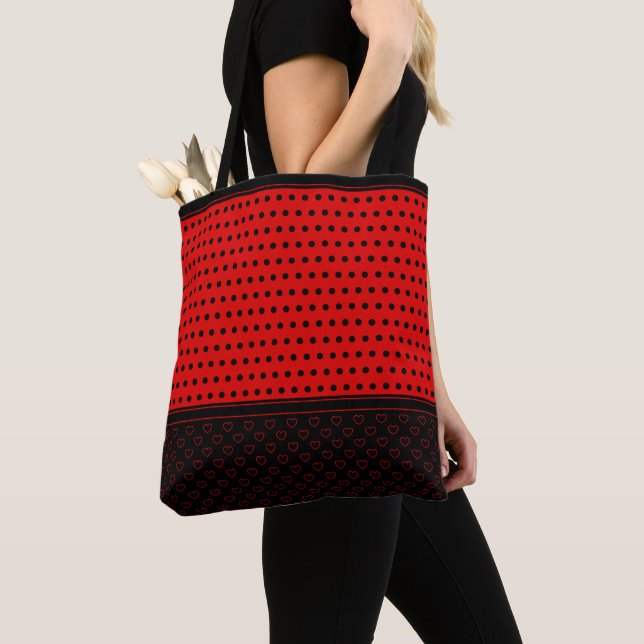 Chic Red And Black Colours, Stylish Polka Dots Tote Bag (Close Up)