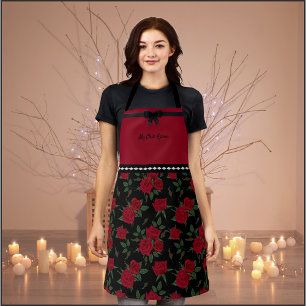 Chic Red and Black Rose Garden Fashion Apron
