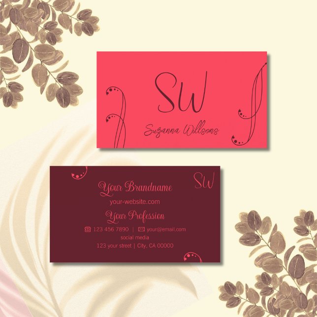 Chic Red and Burgundy Modern Ornate with Monogram Business Card (Creator Uploaded)