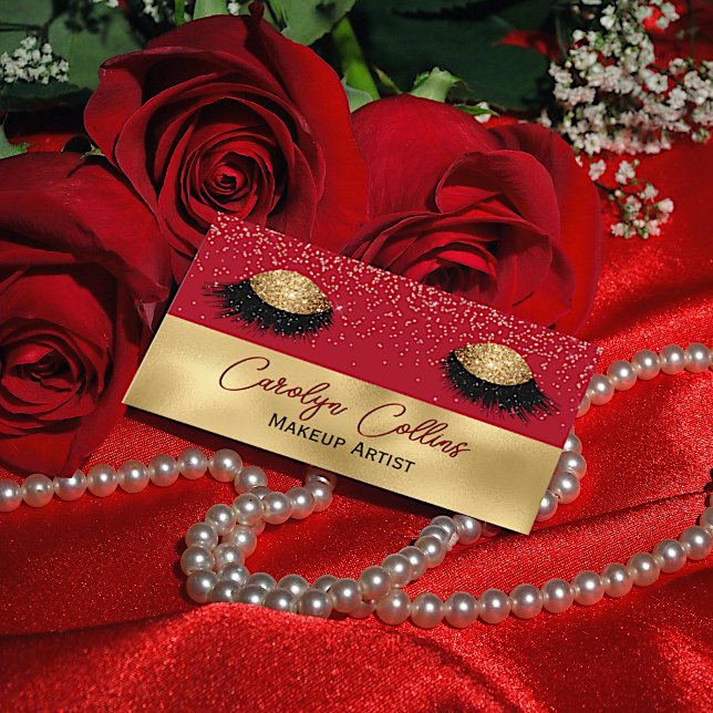 Chic Red and Gold Makeup Eyes Business Card (Creator Uploaded)