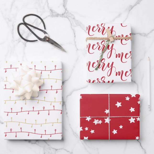 Chic Red and Gold Merry Christmas Lights & Stars Wrapping Paper Sheet (Front)