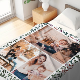 Chic Red and Green Holiday Botanical Photo Collage Fleece Blanket