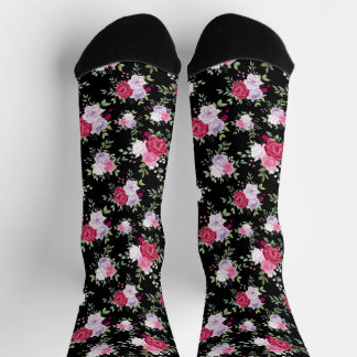 Chic red and pink Flower on stylish black Socks