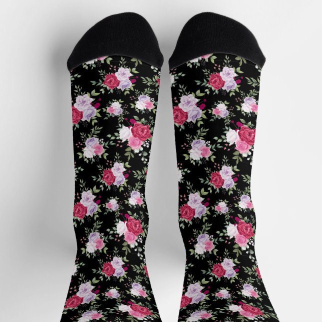 Chic red and pink Flower on stylish black  Socks (Top)