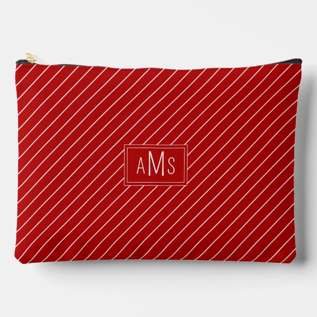 Chic Red and White Monogram Stripes Accessory Pouch (Front)